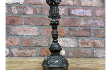 Large Indian bronze temple bell with Hanuman finial, H 30cm