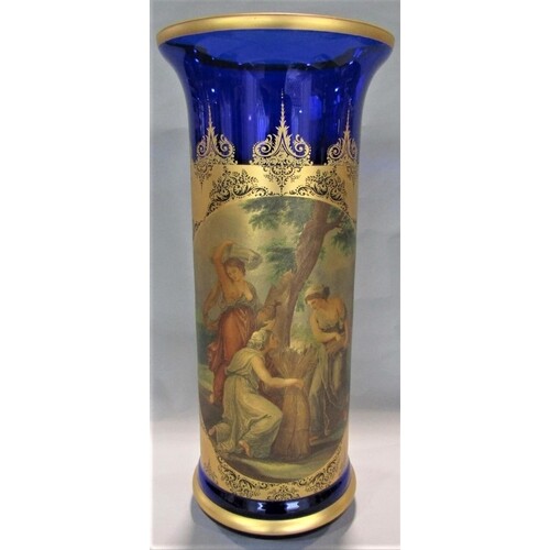 Large blue glass floor vase with gilt overlay and pictorial ...