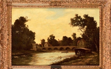 Léon RICHET (1847-1907) Paysage au pont Huile sur...