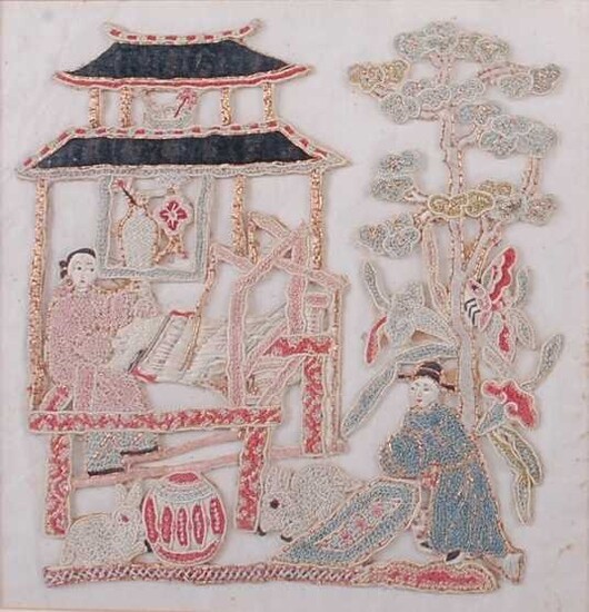 * A probably 19th century Chinese embroidery depicting a weaver's household