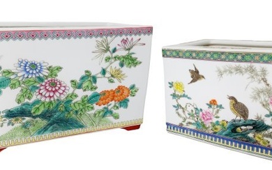 Lot of 2 Large Chinese Jardiniers Famille Rose Fruit Flower Bird Vintage Porcelain Flower Pots