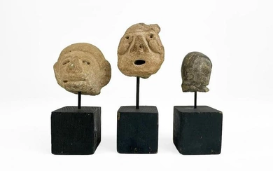 Lot of 3 Pre Columbian Pottery Heads On Wood Bases