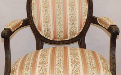 Louis XVI Carved Walnut Silk Upholstered Fauteuil