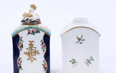 Lowestoft tea canister and cover, painted in blue with the Robert Browne pattern, with added enamel decoration, and a further Lowestoft tea canister painted with gold and green sprigs