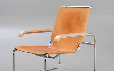 MARCEL BREUER. Thonet. 'S 35 L' tubular steel armchair / cantilever chair with armrests, leather.