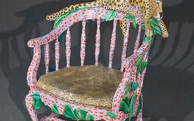 MacKenzie-Childs Type Painted and Decorated Wood 'Leopard' Armchair; together with Leopard Print Removable Cushion