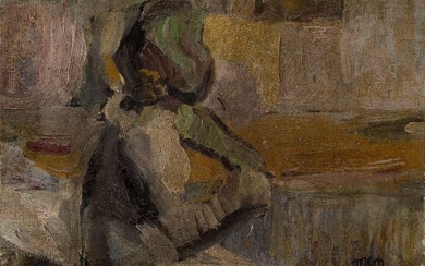 Małgorzata Lada Maciągowa, Polish 1881-1969 - Figure in an interior, 1936; oil on canvas laid down on board, signed with monogram, inscribed and dated on the reverse, 25.5 x 36 cm, (unframed) (ARR)
