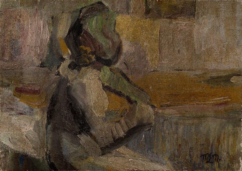 Małgorzata Lada Maciągowa, Polish 1881-1969 - Figure in an interior, 1936; oil on canvas laid down on board, signed with monogram, inscribed and dated on the reverse, 25.5 x 36 cm, (unframed) (ARR)