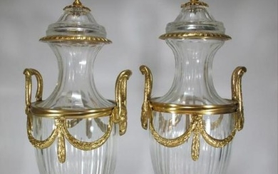Marked Baccarat Pair Of Gilt Bronze & Glass Urns
