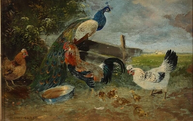SOLD. Max Hänger II: View from a farmyard with chickens and a peacock. Signed M....