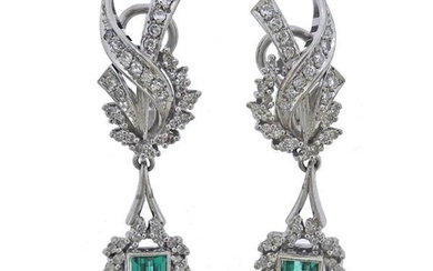 Mid Century 18k Gold Diamond Emerald Drop Earrings