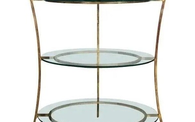 Mid Century Modern Etagere, Jansen StyleThree-tier glass and gilt metal e?tage?re stand. Warm toned