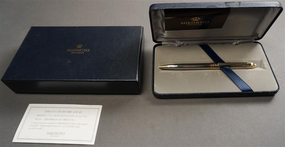 Mikimoto Two-Tone Stainless Steel and Cultured Pearl Ballpoint Pen in Case