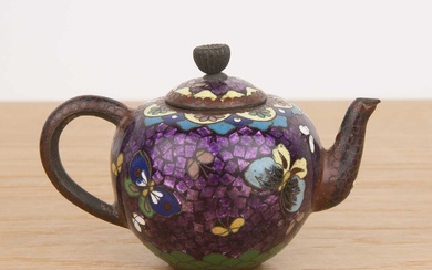 Miniature cloisonne teapot Japanese, Meiji period with butterfly and flower...