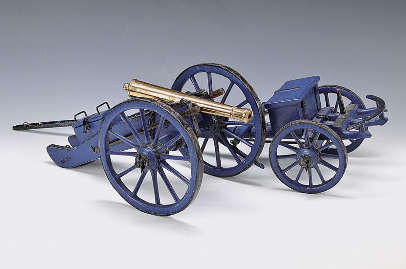 Model cannon, around 1900, wood blue painted,...