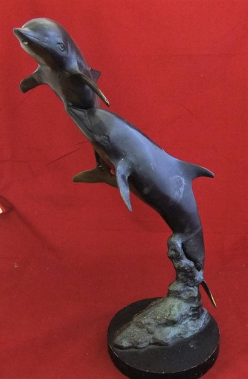 Modern unsigned bronze of 2 dolphins on marble base, height...