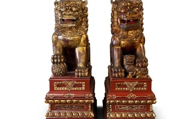 Monumental Pair of Carved and Lacquered Foo Lions