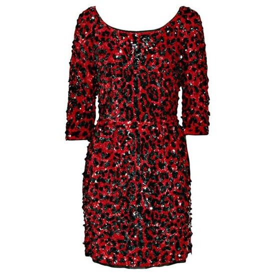 NEW DOLCE & GABBANA RED SEQUINED SILK LEOPARD PRINT