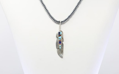Native America Navajo Sterling Silver Multi-Color Inlay Feather Pendant By With Pearl Beaded