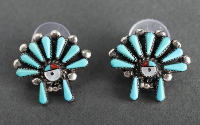 Native American Silver Turquoise & Coral Earrings