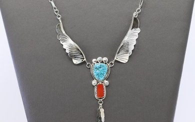 Navajo Handmade Coral & Turquoise Sterling Silver