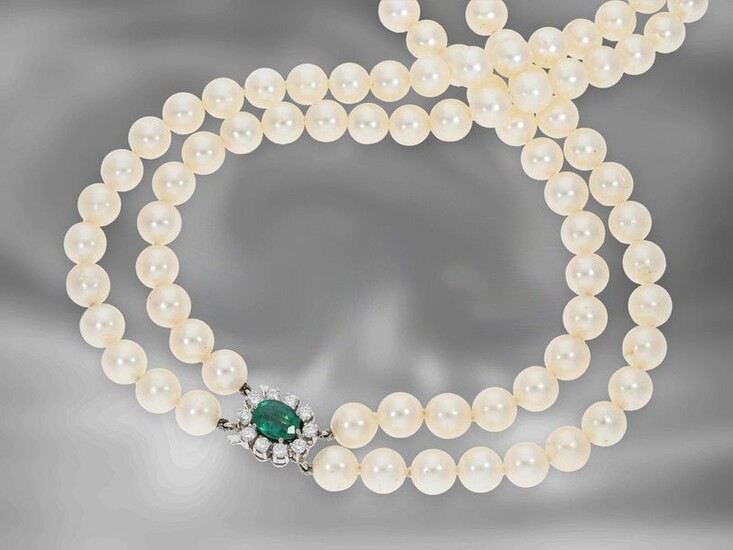 Necklace: formerly very expensive double row vintage Akoya cultured pearl necklace with emerald/brilliant clasp, 18K white gold