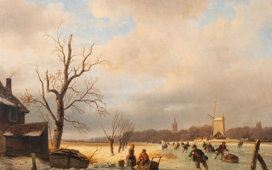 Nicolaas Johannes Roosenboom (1805-1880), skaters on the ice, oil on canvas, 58 x 75 cm...