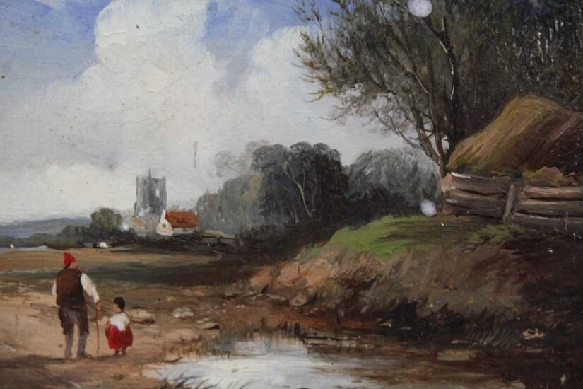 Norwich School, pair of early 19th century oil on board - figures in rural landscapes, in maple frames, 11cm x 15cm