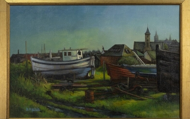 OUT OF DOCK, AN OIL BY D H LESLIE