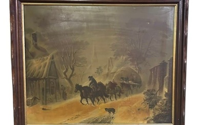 Oil on Canvas of Village Scene in Walnut Victorian Carved Frame - 28" x 35"