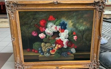 Oil on canvas gilt framed floral still life with fruit
