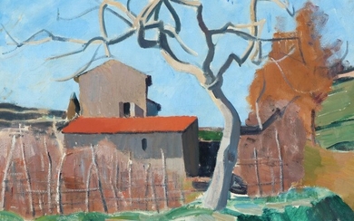 Olaf Rude: Early spring at an Italian vineyard. Signed Olaf Rude 25. Oil on canvas. 54×65 cm.