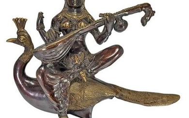 Oriental Fig sitting on a bird & playing bronze statue