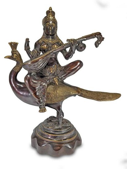 Oriental Fig sitting on a bird & playing bronze statue