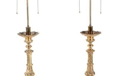 PAIR 19TH C. CONTINENTAL BRASS PRICKET LAMPS
