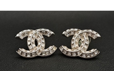 PAIR OF CHANEL CC PASTE SET EARRINGS in silver tone, both wi...