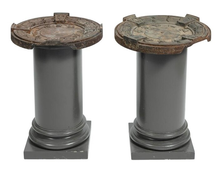PAIR OF SALVAGE TABLES MADE FROM BONWIT TELLER ELEVATOR
