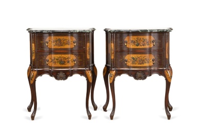 PAIR PAINT DECORATED STONE TOP COMMODES, 20TH C