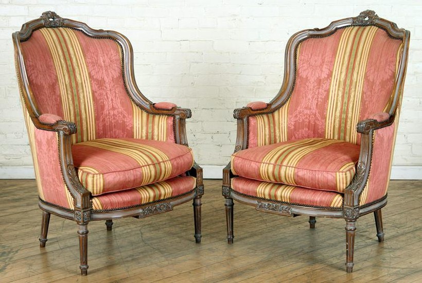 PAIR PAINTED & CARVED MAHOGANY FRENCH BERGERES