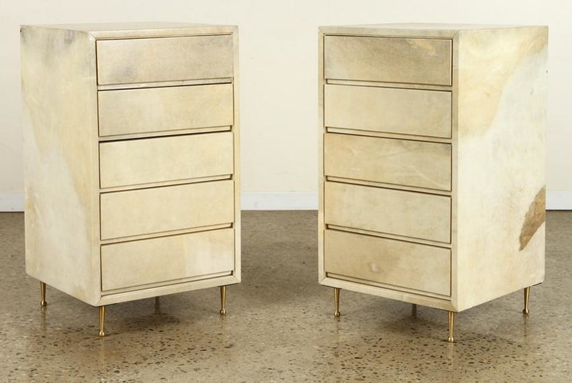 PAIR PARCHMENT COVERED CABINETS BRASS LEGS C.1960
