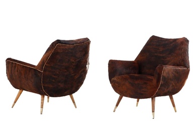 PAIR UPHOLSTERED CLUB CHAIRS C 1950 RECENTLY REDONE IN COW...
