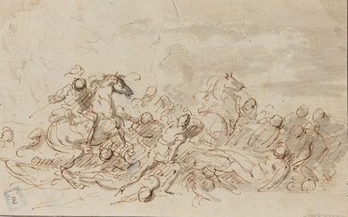 PARROCEL Charles(1688 - 1752) Choc de cavalerie Plume et encre brune, lavis gris sur traits...