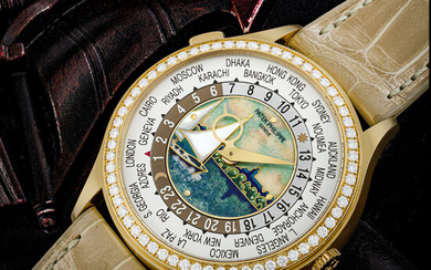 PATEK PHILIPPE. A LADY’S MAGNIFICENT AND EXTREMELY RARE LIMITED EDITION 18K PINK GOLD AND DIAMOND-SET AUTOMATIC WORLD TIME WRISTWATCH WITH CLOISONNÉ ENAMEL DIAL FEATURING THE GENEVA LAKE, MADE TO COMMEMORATE THE 175TH ANNIVERSARY OF PATEK PHILIPPE REF...