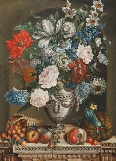 Painter unknown, circa 1900: Still-life with flowers in a vase on a console. Unsigned. Oil on canvas. 68×50 cm.