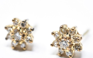 Pair Estate Yellow Gold & Diamond Flower Earrings