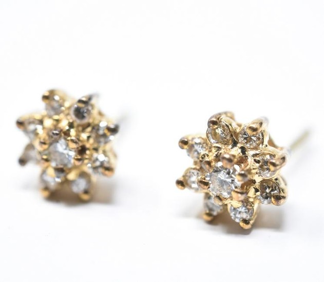 Pair Estate Yellow Gold & Diamond Flower Earrings