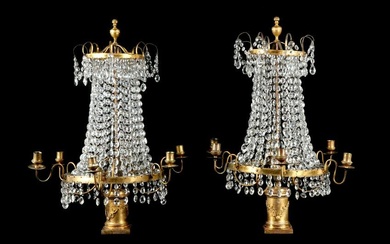 Pair French Gilt Bronze Crystal Table Chandeliers