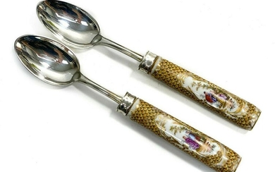 Pair German 800 Silver Porcelain Tea Spoons