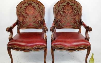 Pair Hooker red leather & upholstered armchairs