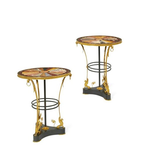 Pair Italian Empire style bronze & marble tables